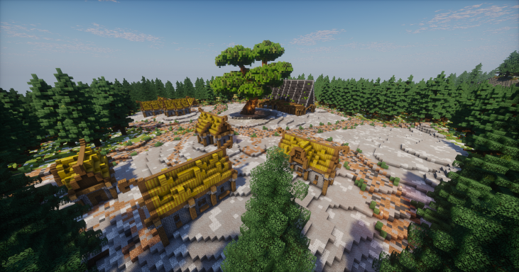 Un village en pleine nature avec des maisons en bois et un grand arbre au centre.